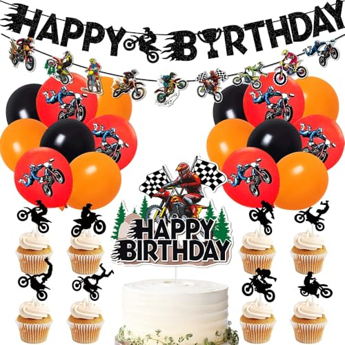 37 Piece Motorbike Party Birthday Becorations,SANYUANHE Motorcycle Cake Topper,Motocross Sports Theme,Racing Car Happy Birthday Banners Balloons