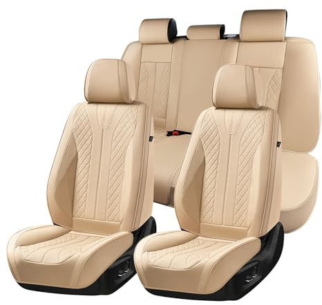 FLORICH Fundas Universales para Asientos de Coche para los Asientos Delanteros y Traseros, Fundas de Cuero Impermeables, Aptas para la Mayoría de Turismos, SUV (Juego Completo, Beige)