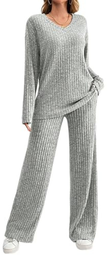 shownicer Zweiteiler Damen V-Ausschnitt Einfarbig Strickpullover Und Hose 2-Teiliges Loungewear Herbst Winter Freizeitanzug