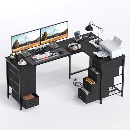 YOUDENOVA Eckschreibtisch,170×100 cm Schreibtisch mit schubladen,Schreibtisch L Form mit Steckdose und USB-Ladeanschluss,Schreibtisch mit stauraum Schwarz