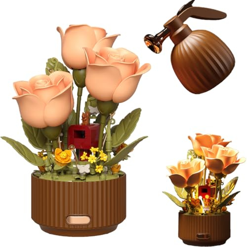 Blumen Bausteine Bausatz, 255+ Klemmbausteine Blühende Rosen Modellbausatz Mit Licht und Spray-Wasserkanne mit Klang, Rosenstrauß Botanicals Konstruktionsspielzeug Kompatibel mit Großen Marken