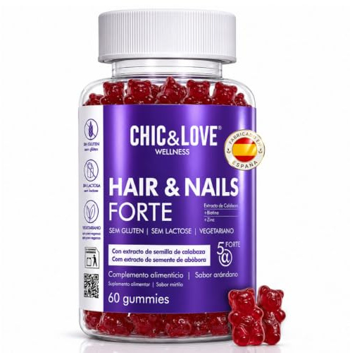 CHIC & LOVE Gominolas de Biotina 5000 mcg con Zinc para Cabello, Piel y Uñas | Vitaminas para el Pelo con Ácido Fólico y Yodo | Sin Gluten ni Lactosa | 60 Gominolas Veganas Sabor Arándano | 2 Meses