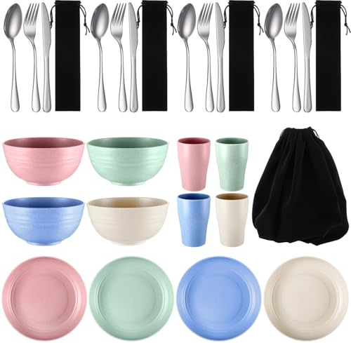 Teenyyou 4 Sets Camping Mess Kits for 4 Person Camping Silverware Set Include Cup, Bowl, Plate, Knife, Spoon, Fork Cutlery Set Unbreakable Straw Dinnerware Wheat Utensils for Travel (Pastel Color)