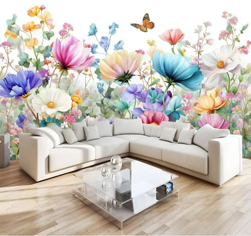 Carta Da Parati Murale 3D Acquerello Fiori, Multicolore Non Tessuto Murale Fiori Selvatici Farfalle 200 X 140 Cm Carta Da Parati Decorazione Della Casa Per Mobili Camera Da Letto Soggiorno Cucina