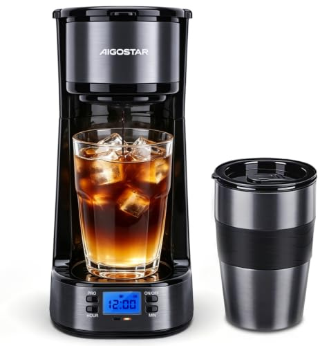 Aigostar Cafetière Filtre Programmable 24 h avec Mug Isotherme 420 ml | Filtre réutilisable, écran LCD, autonettoyage, café à emporter, idéal pour trajets, voyages, bureau et maison, 700W, Gris