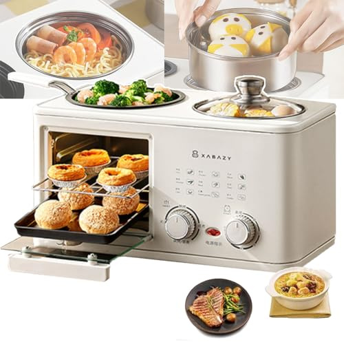 Máquina De Desayuno 4 En 1, Versátil, Con Horno De 8 L, Olla De 1 L, Sartén Y Vaporera, Ideal Para Apartamentos, Cocinas Pequeñas Y Dormitorios (40 × 20 × 20 Cm),White