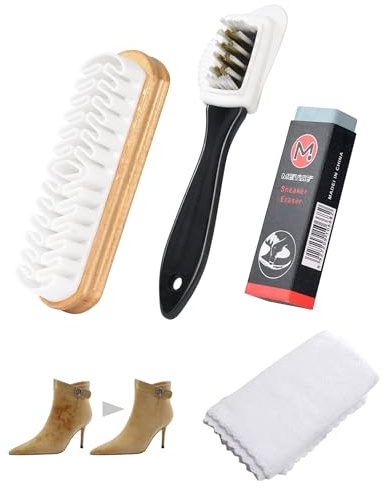 LOZTBUE Spazzole per Scarpe Scamosciate, Set di 4 Spazzole, Nabuk Detergente per Scarpe a 4 lati con Setole in Ottone con Gomma e Panno Pulito