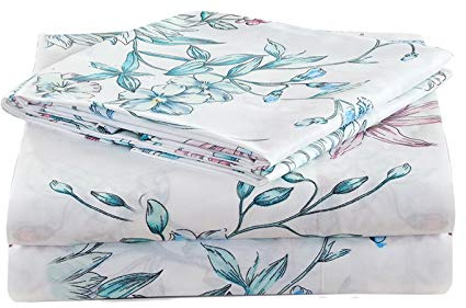 JSD White Blue Floral Printed Sheet Set Queen Size, 4 Piece Botanical Microfiber Sheets Extra Deep Pocket