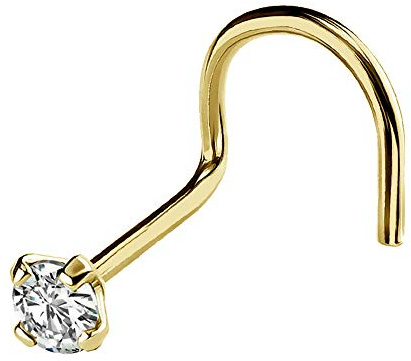Jewelry Avalanche Solid 14Kt Gold Nose Screw, 24G (0.5mm) Nose Hook, Nose Stud, 14kt Yellow Gold or 14kt White Gold Nose Ring Prong Set CZ Accent-Y2mm