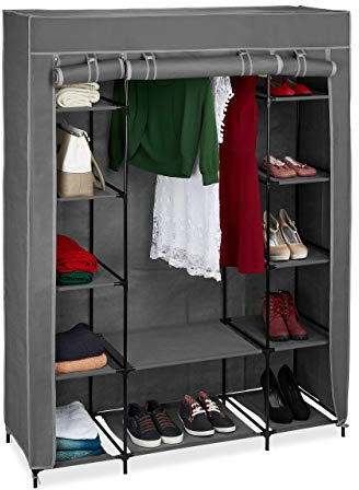 Relaxdays Armario Tela con Barra Perchas y 12 Baldas, 175x135x45cm, Guardarropa Cierre de Cremallera, Color Antracita