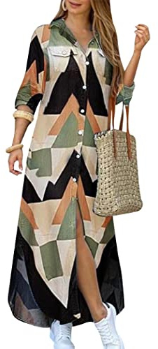 OMZIN Women Rolled Up Sleeve Button Down Lapel Dress Floral Print Maxi Dresses Loose Dress