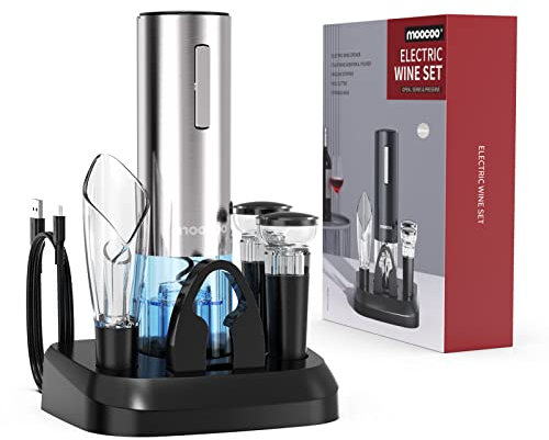Moocoo Electric Wine Opener with Charging Base, Moocoo Stainless Steel Automatic Electric Wine Bottle Corkscrew Opener Gift Set with 2-in-1 Aerator & Pourer, Foil Cutter, 2 Vacuum Stoppers, Rechargeable