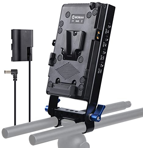 Moman V-Mount Battery Plate VLock Adapterplatte, Netzteil-Splitter mit 15 mm Stangenklemme für BMPCC 4K/6K Kamera Canon Sony, 5V/8V/12V/15V DC/D-Tap Ausgang/USB-Port mit LP-E6 Dummy-Akku und DC-Kabel