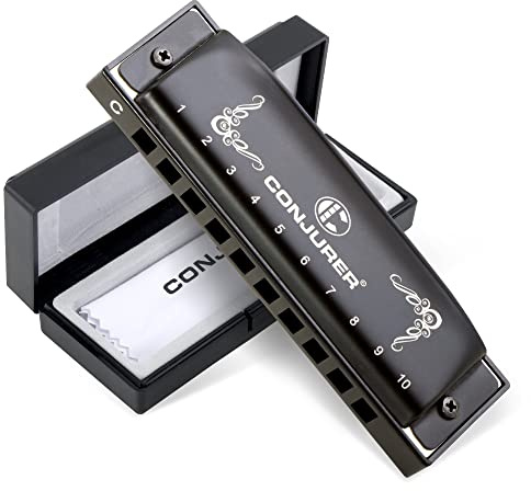 Conjurer Blues Mundharmonika C-Dur Anfänger Blues Harp C 10-Loch Diatonische Harmonika Instrument Muntamonika mit hochwertigen Messing Stimmzungen und Hervorragender Klang, 1006 C Dur, Schwarz