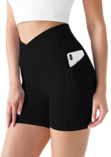 Desol Cykelbyxor för kvinnor med fickor, shorts med V-formad hög midja, korta sportbyxor för kvinnor med magkontroll, sportshorts för yoga och löpning, S