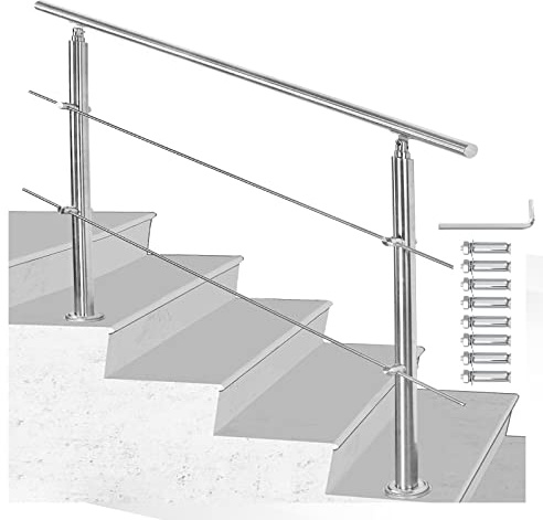 Joparri Barandilla para escaleras de acero inoxidable para exterior e interior, 160 cm con 2 barras transversales y accesorios, ángulo ajustable para jardín, entrada de casa, parapeto, balcón