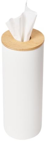 Yamazaki 5982 RIN Runde Taschentuchbox L, weiß, Stahl/Holz/Silikon, minimalistisch, 9.2 x 9.2 x 23.8 cm