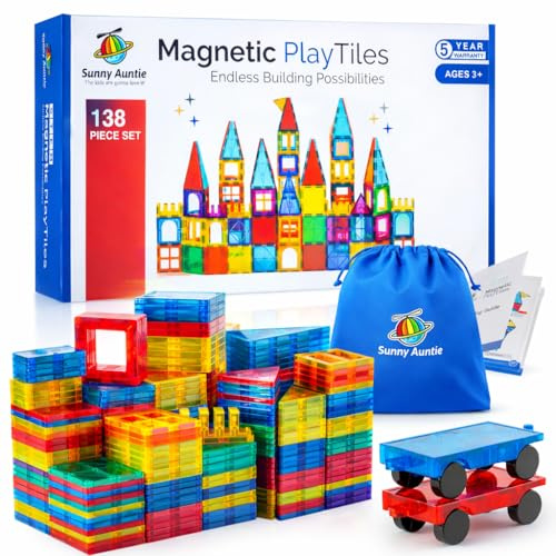 SUNNY AUNTIE Magnetic Tiles, STEM Building Tiles, Storage Bag, 138 Pcs | BPA-free ABS build, smooth rounded edges, strong internal magnets, includes 2 cars and guide booklet, fabric storage bag