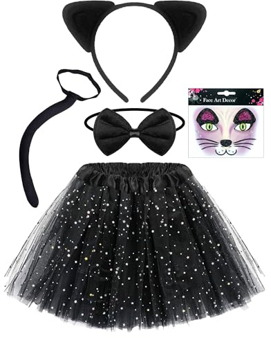 Hikkcos 5Pcs Black Cat Costume for Kids Girls Kitty Cat Noir Costumes Ears and Tail Halloween Party Animals Cosplay