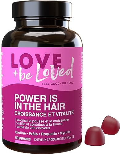 Love and be Loved | Gummies Pousse des Cheveux “Power is in the Hair” | 60 Gommes | Cure 1 Mois | Complément Alimentaire à base de Biotine, Prêle, Roquette, Myrtille, Zinc, … | Made in France
