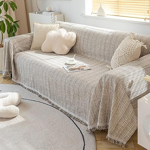 Homxi Sofabezug 3 Sitzer Ecksofa,180x300CM,Couchbezug Einfarbig mit Quaste Sofa Überwurfdecke Leinen Baumwolle Sofa Handtuch Grau Sofabezug Universal