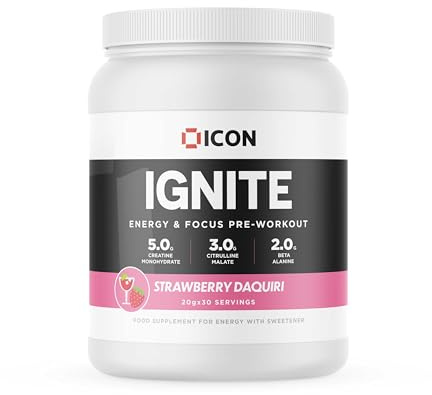 ICON Nutrition Ignite Pre-Workout - Strawberry Daiquiri Flavour - 600g (30 Servings), Energy Formula for Maximum Performance, Focus & Endurance, Ideal for Gym, Workout Training (Scoop Included)