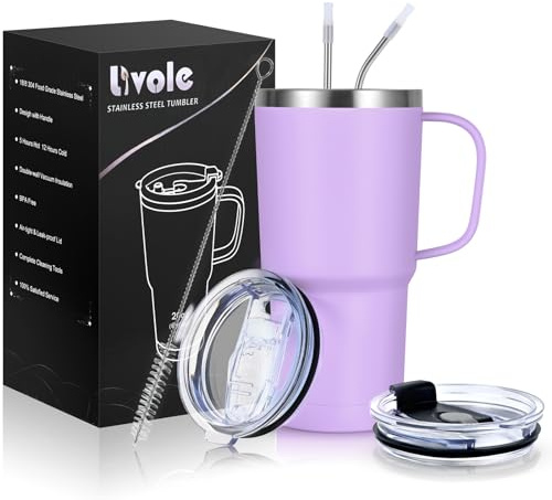 Livole Taza de viaje de 20 onzas con asa, vaso aislado de 600 ml con popote y 2 tapas, botella de agua al vacío de doble pared, tazas de café térmicas de viaje de acero inoxidable para bebidas frías,