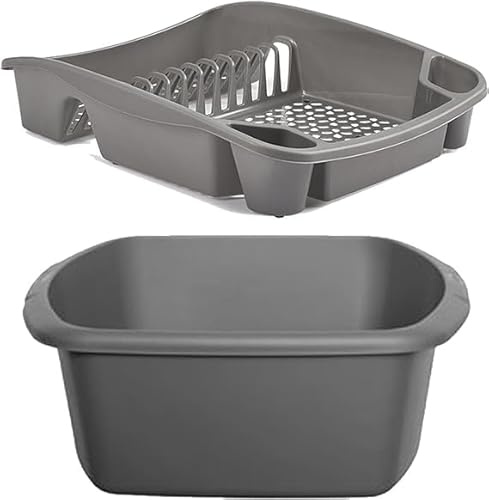 ZARVICZONIA Rectangular Washing up Bowl Large With Plastic 12 Bays Dish Drainer with Cutlery Holder, Dish Drainer Plate and Cutlery Tray Rack, Kitchen Sink Utensil Holder Stand (Grey)