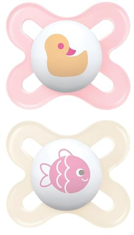 MAM Original Start Beruhigungssauger 0-2 Monate (2er-Set) MAM Schnuller 0-2 Monate mit kiefergerechtem Sauger aus Kautschuk, 2er Set Babyzubehör mit Sterilisator-Schnullerhalter, pink/neutral