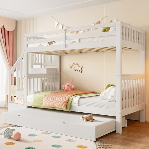 Moimhear 90 x 200 cm, letto a castello, scaffale per scale, dotato di letto estraibile, ringhiera alta, certificato EN747-1