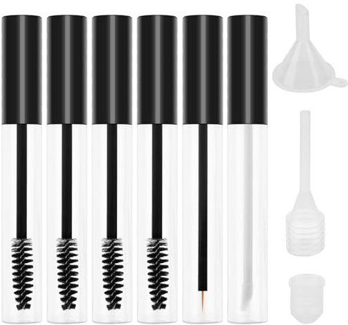 Fantasyon 6Pcs Empty Mascara Tubes with Wands, 10ml | DIY mascara bottles set with rubber inserts, droppers & funnels, refillable eyelash growth containers for cosmetics making