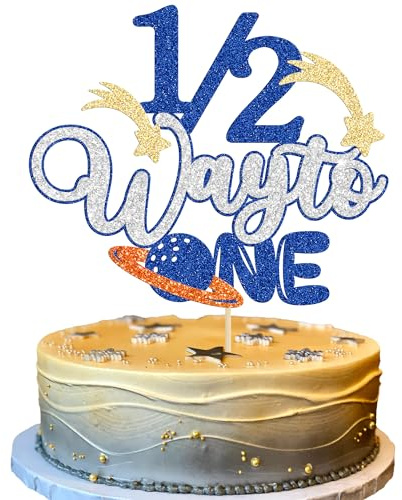 Gyufise 1Pc Space 1/2 Way to One Cake Topper Glitter Half Way to Go Cake Pick Happy 6 Months Birthday Cake Decoration for Baby Happy 6 Months Birthday Party Decorations Supplies Dark Blue