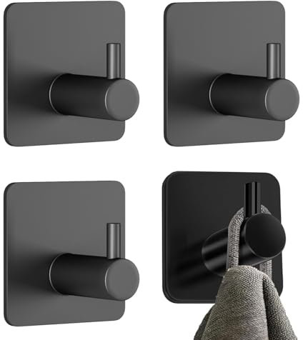 Mivanta Selbstklebende Handtuchhaken, 4 Stück, Schwarz, Rostfrei, Handtuchhalter Ohne Bohren für Badezimmer und Küche, Multifunktionale Wandhaken für Kleidung und Zubehör