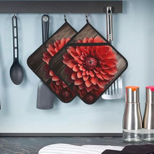 Topflappen mit Tasche, Blume, rote Dahlie, Topflappen für Küche, hitzebeständig, Frottee-Untersetzer, Ofenhandschuhe, Untersetzer zum Backen, Kochen, 20,3 x 20,3 cm, 2 Stück