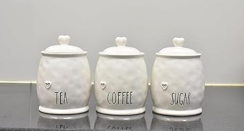 DEENZ Set Of 3 Durable Ceramic Tea, Coffee & Sugar Kitchen Storage Heart Lid Jars/Canisters Shabby Chic Love Motif Barrel Name Labelled Food Preservatives 12 X 12 X 17 Cm (WHITE)