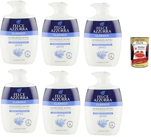 Felce Azzurra, Klassisches intimes Waschmittel für die tägliche intime Hygiene mit pH -Wert von 4,5, empfindliche Anti -Odor -Intimen -Seife, 6x 250 ml + italian Gourmet polpa 400g