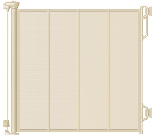SPACEANY Reinforced Retractable Baby Gate or Mesh Dog Gate,Easy to Use for Stairs, Doorways, Hallways, Indoor, Outdoor, Wide Pet Gate 33.5 Tall, Extends to 55 Wide, Cream