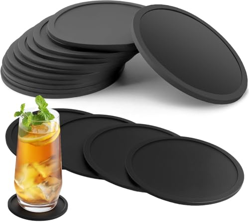 ClcIosis 16 Stück Schwarz Silikon Untersetzer, Rutschfest und Isoliert, Glas Untersetzer-Set, Rund in Modernem Design für Getränke Tassen Arten Von Tassen