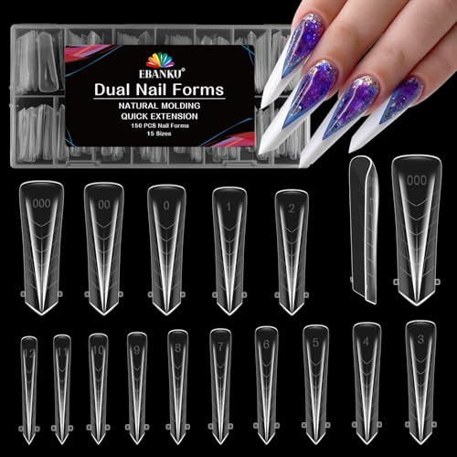 EBANKU 150PCS Poly Gel Nagelformer, Återanvändbara Dual Forms för Polygel Spetsig kista Nagelform Akryl Nagelförlängningsverktyg för Hemsalong Nagelmanikyr,15 Storlekar