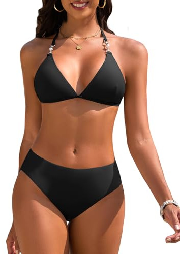 UMIPUBO Costume da Bagno Donna Due Pezzi Sexy Triangolo Top Costumi Bikini Set con Perline Brasiliano Reggiseno Coulisse Spiaggia Beachwear(Nero,L)