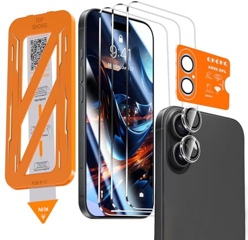 QHOHQ 3 Piezas Protector Pantalla para iPhone 17 + 1 Juego Protector Camara, Top 9H+ Cristal Templado, [12 pies Protección Militar Anti-Impactos], Auto-Instalación 1s, Funda Compatible
