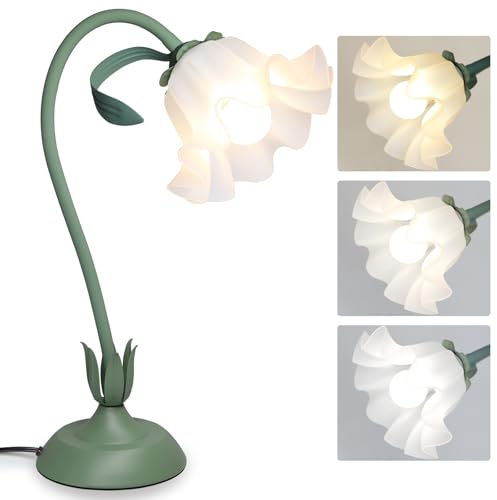 Flower Table Lamp for Bedroom, 3 Colors Flower Reading Light with E26 Bulb, Cute Lily Desk Lamp Bedside Lamps for Nightstands Home Decor, Adjustable Flexible DIY Floral Lamps for Living Room Office