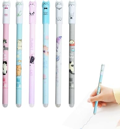 Canollo 6 Stück Radierbarer Kugelschreiber, 0,5 mm Katze Radierbare Stifte | Radiergummi mit löschbarer Tinte, 0,5 mm Mine, Radiergummi Stift, Aesthetic Tintenroller radierbar(Blau)