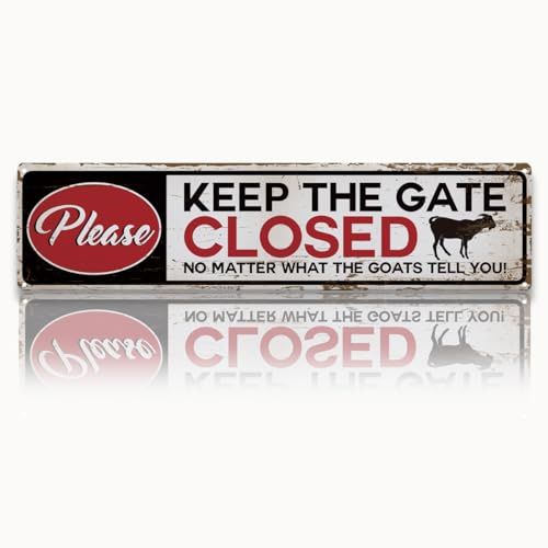 Funny Goat Metal Tin Signs, Keep the Gate Closed Sign, 15.8x4 inches, Gate Sign for Goats, Fence Warning Decor, Goat Safety Metal Signs, Decorative Aluminum Plaque for Home Garden Outdoor Yard