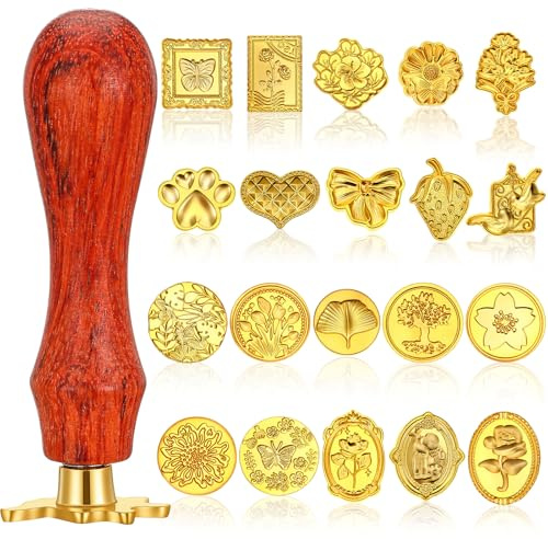 20 Stück Siegelstempel Set Wachssiegel Stempel Gold Vintage Siegels | Wachsstempel Köpfe mit Massivholz Griff Golden Blumen Siegelstempelkopf Handwerk für Briefe Grußkarten Museumsstempel