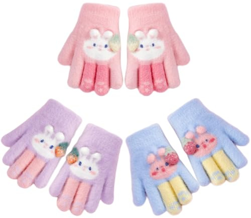 UJBVCX 3 Pares Guantes para Niños, Elástico Guantes de Punto Caliente Colorido Dedos Completos, con Patrón, para Niños 4-7 Años