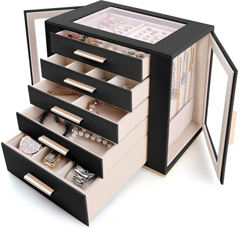 Homeanda Schmuckkästchen Groß,5 Etagen Box mit Glasdeckel,Schwarz | Moderne PU Leder Schmuckschatulle mit Schubladen, Samt Organizer für Ringe & Uhren, Geschenk für Frauen