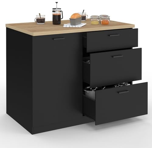 IDMarket Isla Central Tibo de 110 cm en la parte delantera con 3 cajones de madera negra con encimera de madera de haya