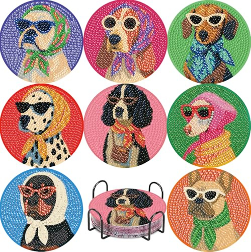 Jakener 8 Stück Hund Diamond Painting Untersetzer Mit Halter,Diamant Tassenuntersetzer, Diamond Painting Erwachsene zum Basteln,Untersetzer rutschfest für Anfänger, Erwachsene & Kinder