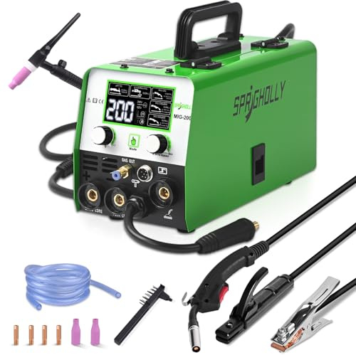 SPRIGHOLLY 200A 240V 5-in-1 Welder: MIG Gas/Gasless Flux-Cored, MMA, Lift TIG – Includes TIG Torch – Synergic Control, IGBT Inverter, LED Display – for Pro and Hobbyist